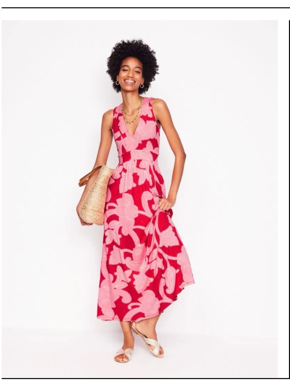 Boden Olympia Jersey Women’s Pink Floral V-Neck Sleeveless Maxi Dress - Picture 1 of 8